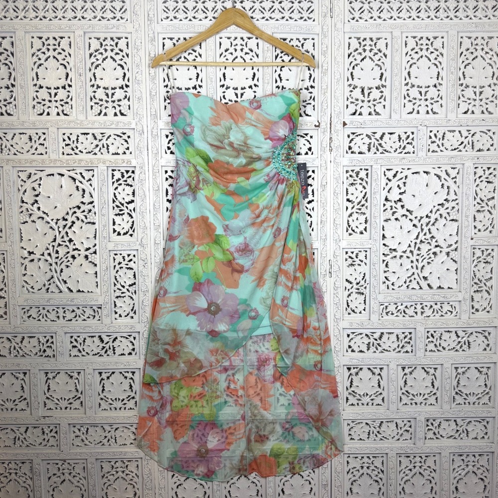 NWT Teeze Me Colorful Strapless‎ Mesh Asymmetric Dress Sz M/L Y2K Fairy Coquette